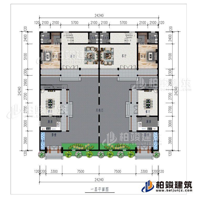 一層：月亮門、2廚房、2影壁、2餐廳、2客廳、2臥室、2衣柜、2內衛、2魚池