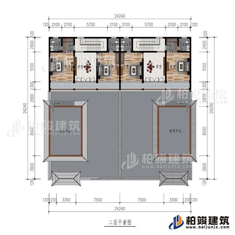 二層：2屋頂平臺、2茶室、4臥室、2衣柜、4內衛