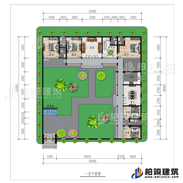 一層：影壁墻、花園、堂屋、廚房、餐廳、5臥室、2公衛、2內衛、麻將室