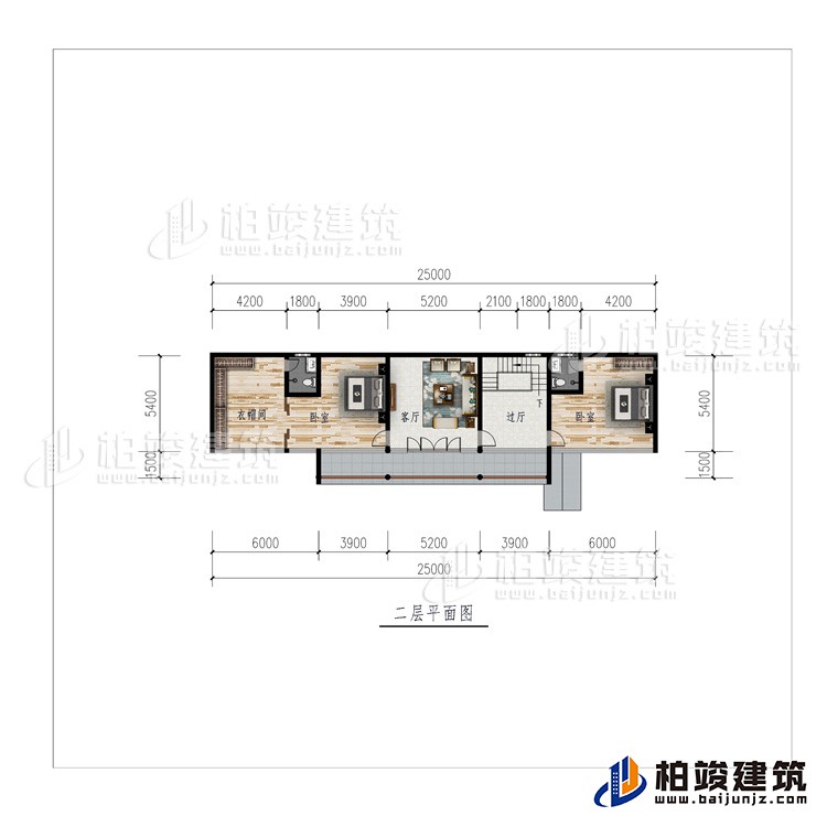 二層：過廳、客廳、衣帽間、2臥室