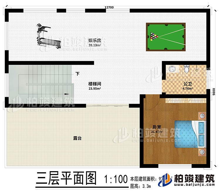 三層：娛樂室、樓梯間、公衛、臥室、露臺