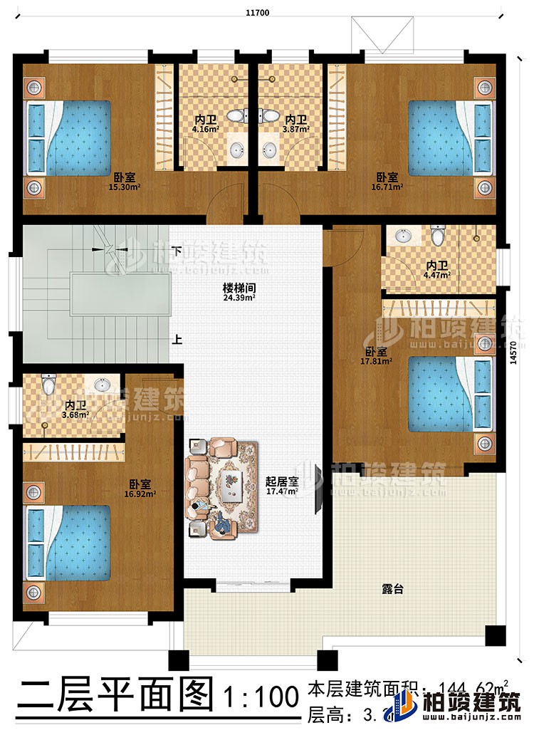 二層：起居室、樓梯間、4臥室、4內(nèi)衛(wèi)、露臺