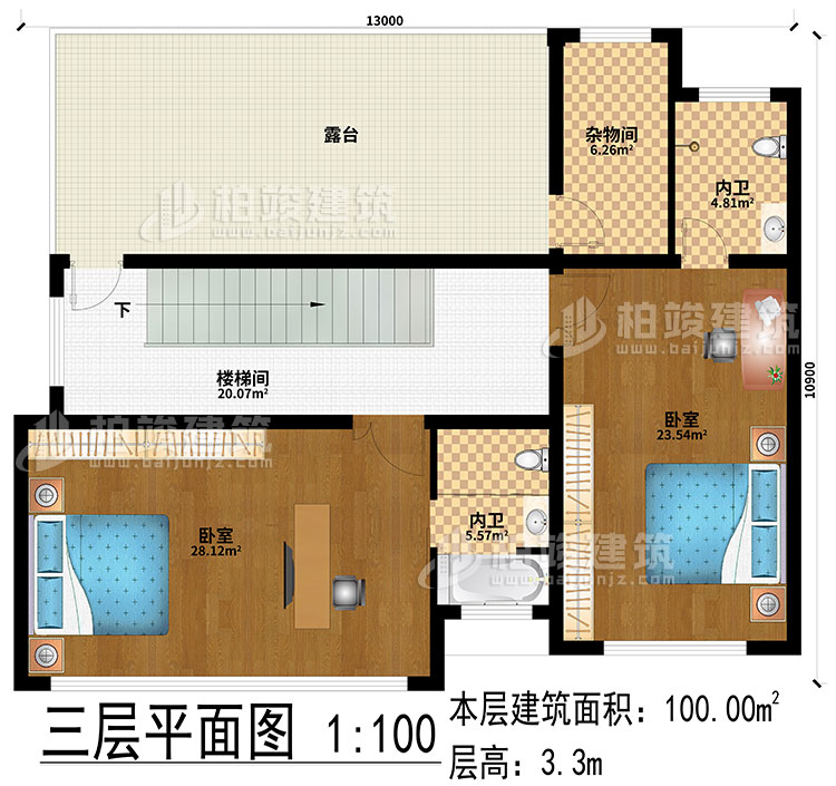 三層：2臥室、樓梯間、露臺、2內(nèi)衛(wèi)、雜物間