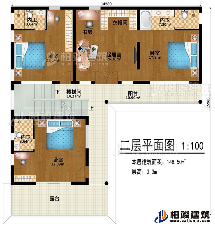 二層：樓梯間、3臥室、起居室、3內衛、衣帽間、露臺、書房、陽臺
