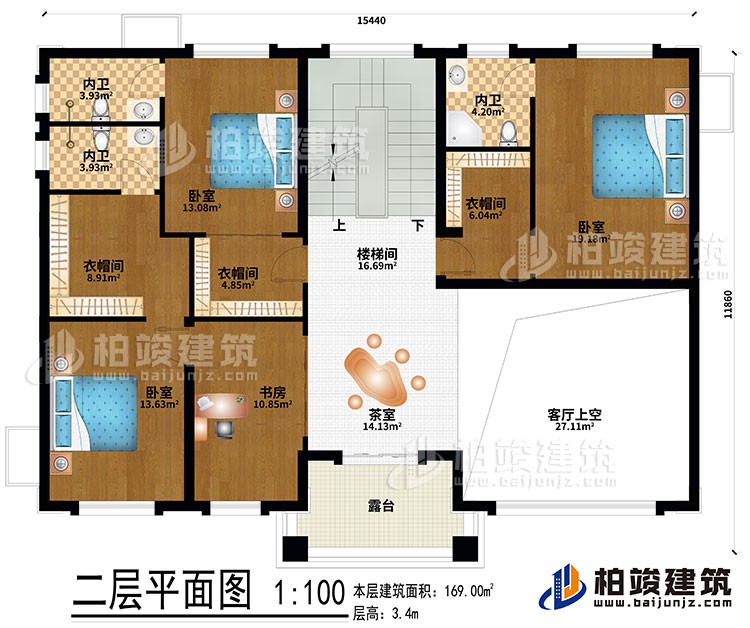 二層：茶室、樓梯間、客廳上空、3臥室、3衣帽間、書房、3內(nèi)衛(wèi)、露臺
