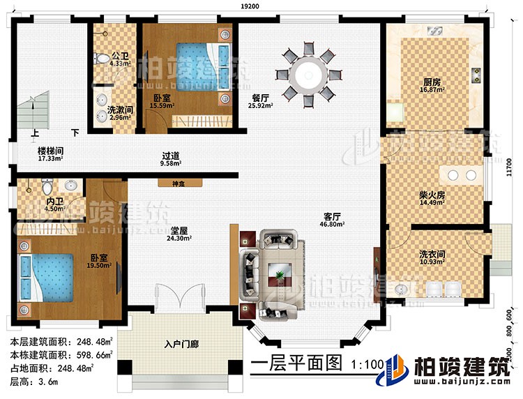 一層：入戶門廊、堂屋、神龕、客廳、餐廳、廚房、柴火房、2臥室、洗漱間、洗衣間、公衛、內衛、過道、樓梯間