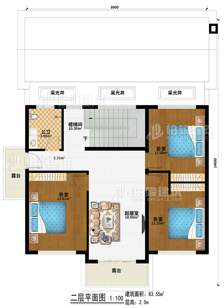 二層：3采光井、樓梯間、起居室、3臥室、2露臺