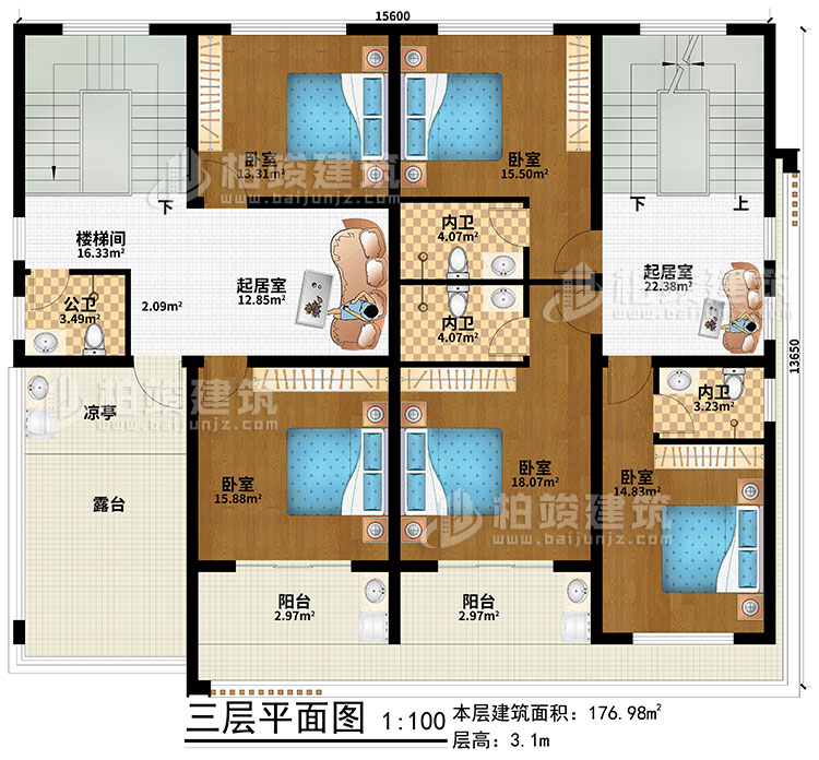 三層：2起居室、樓梯間、5臥室、公衛、3內衛、2陽臺、涼亭、露臺