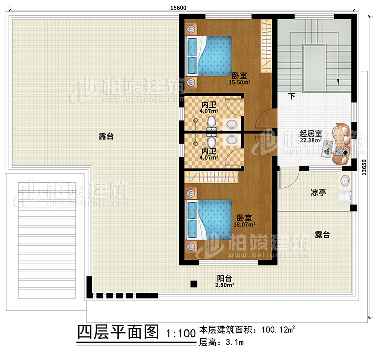 四層：起居室、2臥室、2內衛、涼亭、陽臺、2露臺