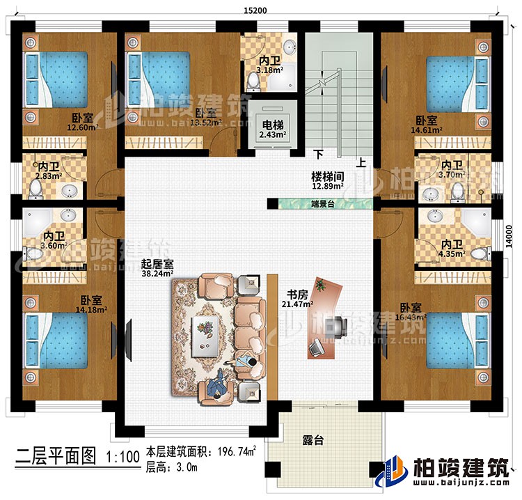 二層：樓梯間、端景臺(tái)、起居室、書房、5臥室、電梯、5內(nèi)衛(wèi)、露臺(tái)