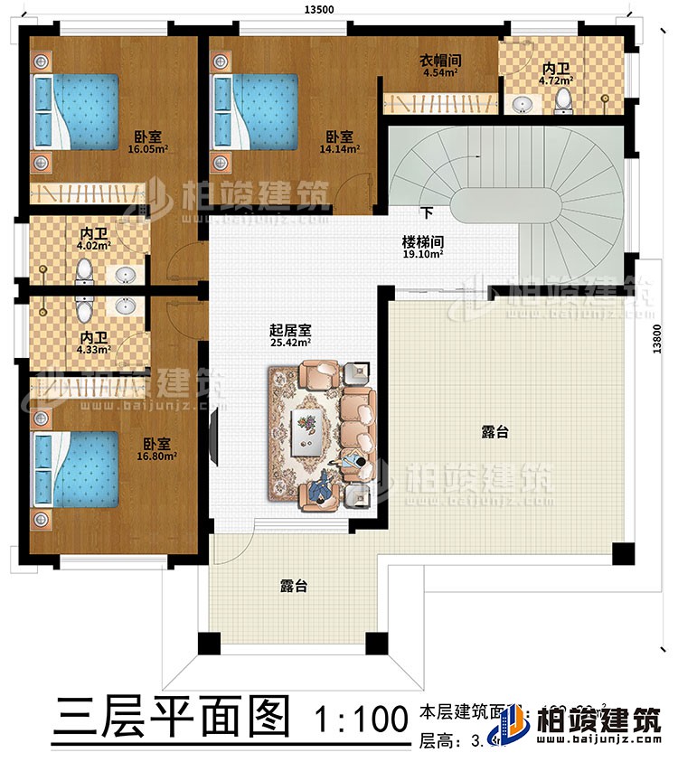 三層：樓梯間、起居室、3臥室、衣帽間、3內衛、2露臺