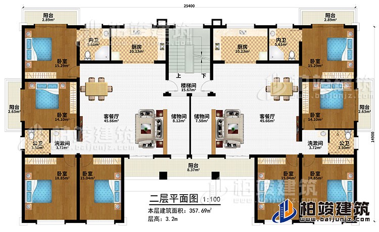 二層：樓梯間、2客餐廳、2儲物間、2廚房、8臥室、5陽臺、2內衛、2公衛、2洗漱間