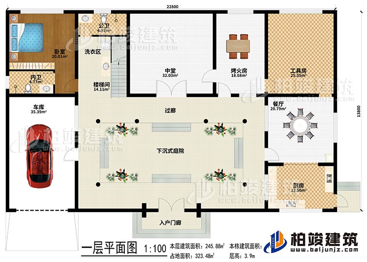 一層：入戶門廊、下沉式庭院、樓梯間、洗衣區、中堂、烤火房、工具房、餐廳、廚房、車庫、臥室、內衛、過廊