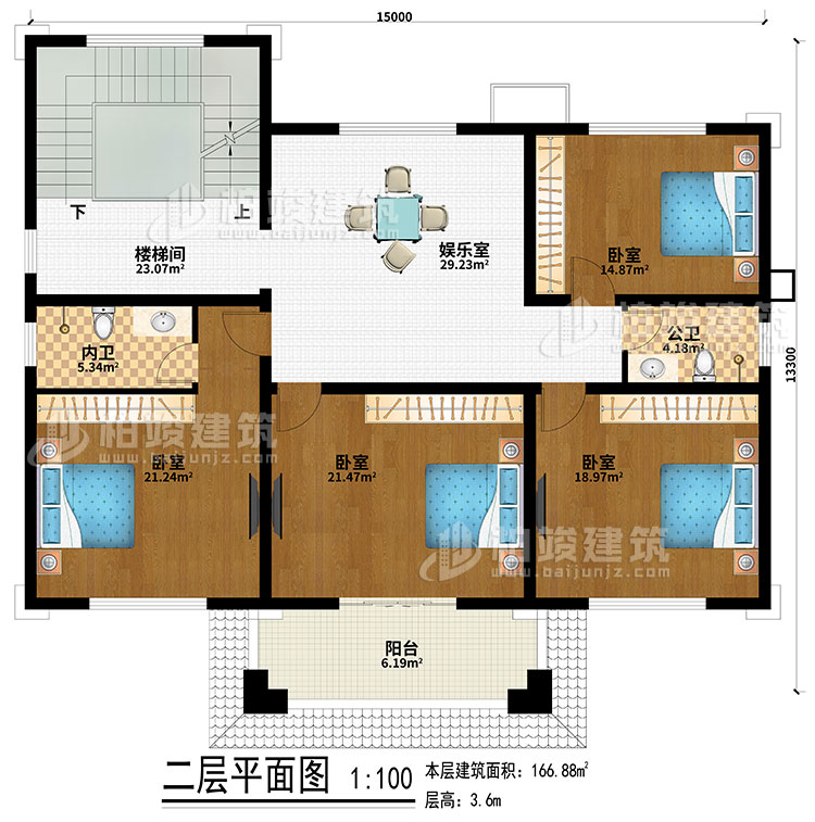 二層：樓梯間、娛樂室、4臥室、公衛、內衛、陽臺