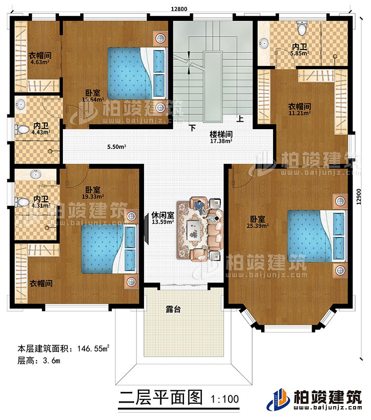 二層：樓梯間、休閑室、3臥室、3衣帽間、3內衛、露臺