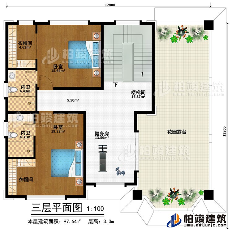 三層：健身房、樓梯間、2臥室、2衣帽間、2內衛、花園露臺