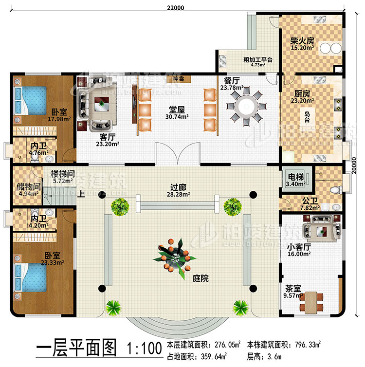 一層：過(guò)廊、庭院、堂屋、神龕、客廳、餐廳、廚房、柴火房、粗加工平臺(tái)、電梯、樓梯間、儲(chǔ)物間、小客廳、茶室、2臥室、2內(nèi)衛(wèi)、公衛(wèi)