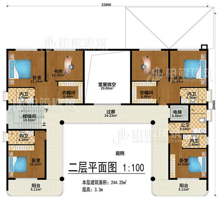 二層：堂屋挑空、過(guò)廊、樓梯間、電梯、4臥室、2衣帽間、2書(shū)房、4內(nèi)衛(wèi)、公衛(wèi)、2陽(yáng)臺(tái)