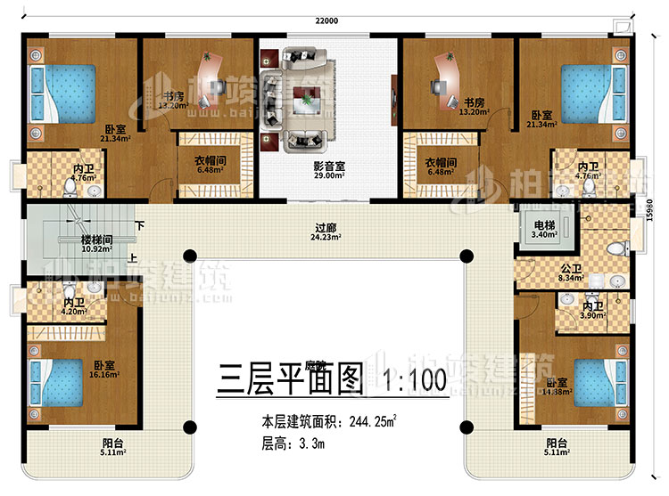 三層：影音室、過(guò)廊、樓梯間、電梯、4臥室、2衣帽間、2書(shū)房、4內(nèi)衛(wèi)、公衛(wèi)、2陽(yáng)臺(tái)