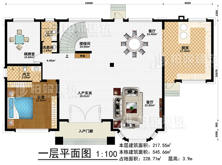 一層：樓梯間、3臥室、衣帽間、公衛(wèi)、內(nèi)衛(wèi)、陽光房、涼亭、2露臺