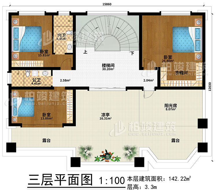 三層：樓梯間、3臥室、衣帽間、公衛(wèi)、內(nèi)衛(wèi)、陽光房、涼亭、2露臺
