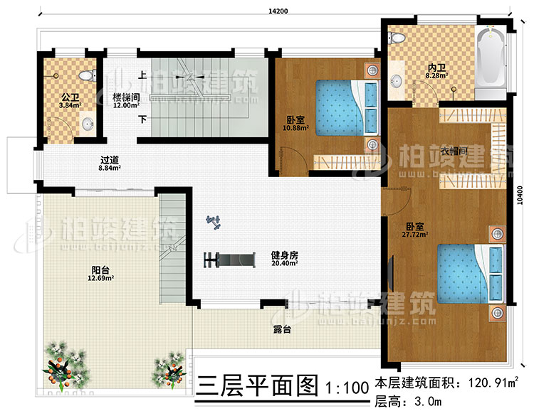 三層：健身房、樓梯間、2臥室、衣帽間、過道、公衛、內衛、陽臺、露臺