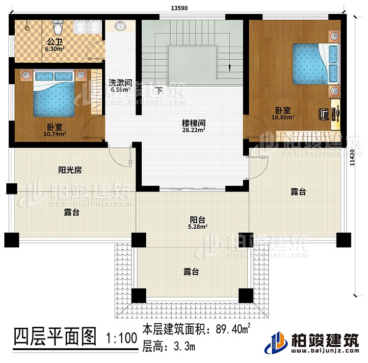 四層：樓梯間、洗漱間、2臥室、陽光房、公衛(wèi)、陽臺、3露臺