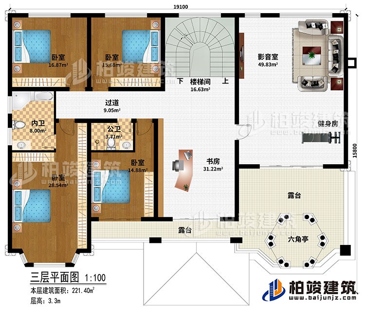 三層：樓梯間、書房、過道、4臥室、公衛、內衛、影音室、健身房、2露臺、六角亭