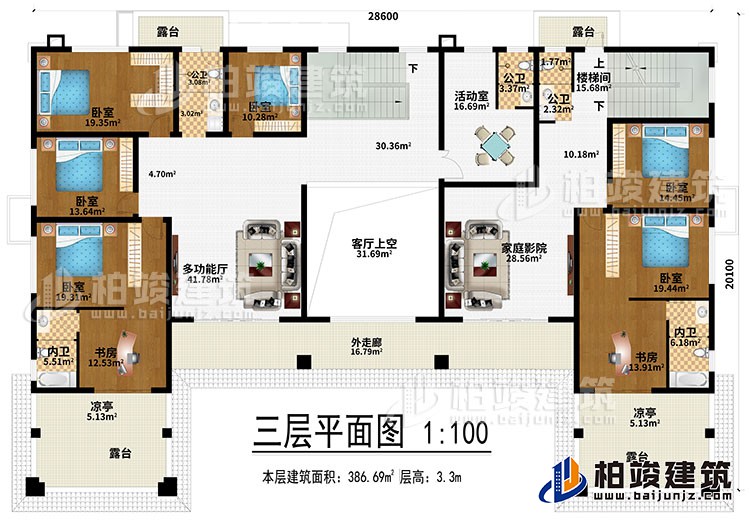 三層：多功能廳、客廳上空、家庭影院、6臥室、2書房、活動(dòng)室、3公衛(wèi)、2內(nèi)衛(wèi)、4露臺(tái)、2涼亭、外走廊、樓梯間