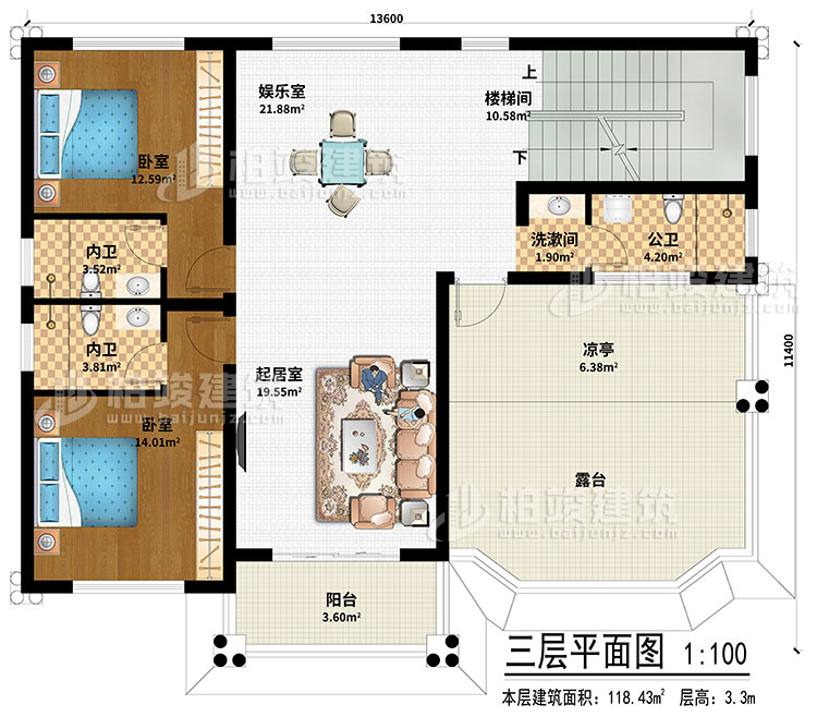 三層：起居室、娛樂室、樓梯間、2臥室、洗漱間、公衛(wèi)、2內衛(wèi)、涼亭、陽臺、露臺