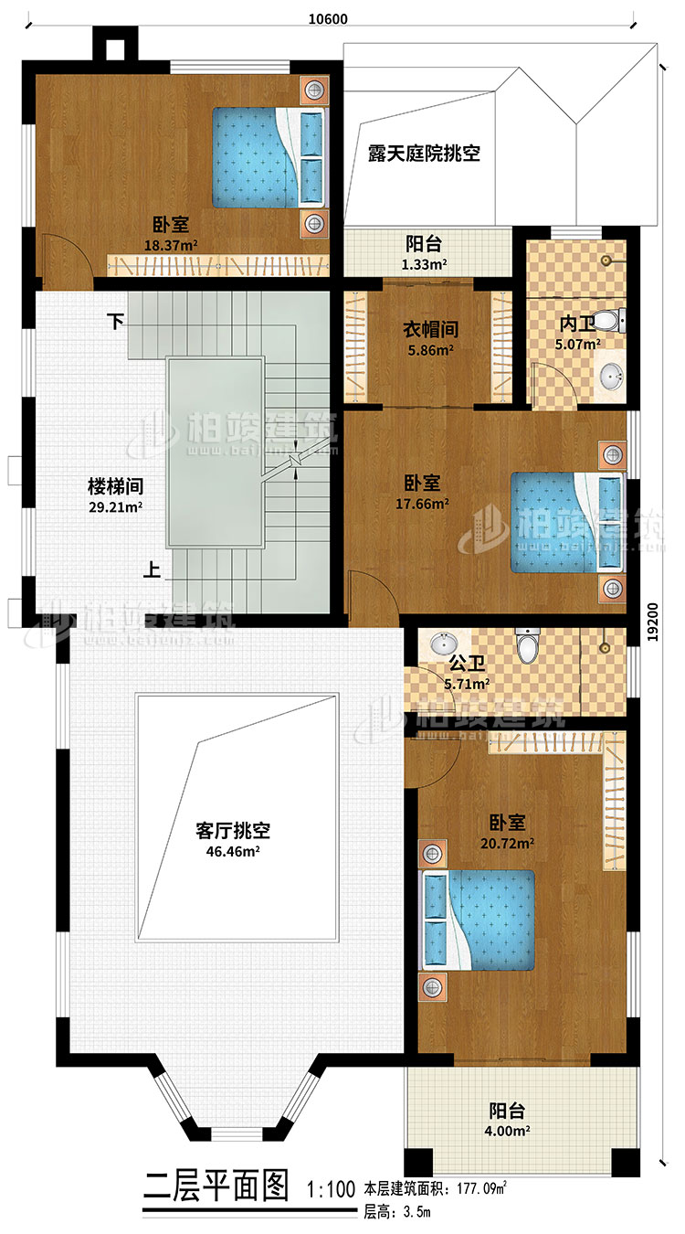 二層：樓梯間、客廳挑空、露天庭院挑空、3臥室、衣帽間、公衛(wèi)、內(nèi)衛(wèi)、2陽臺