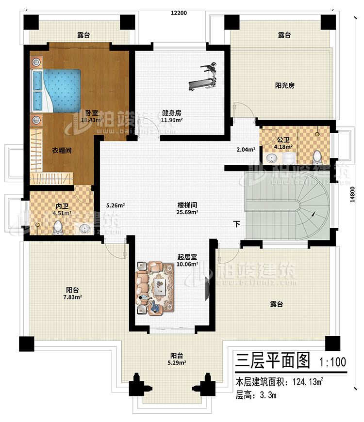 三層：起居室、樓梯間、健身房、陽(yáng)光房、臥室、衣帽間、內(nèi)衛(wèi)、公衛(wèi)、2陽(yáng)臺(tái)、3露臺(tái)