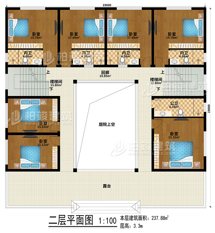 二層：回廊、露臺、庭院上空、2樓梯間、7臥室、4內衛、公衛