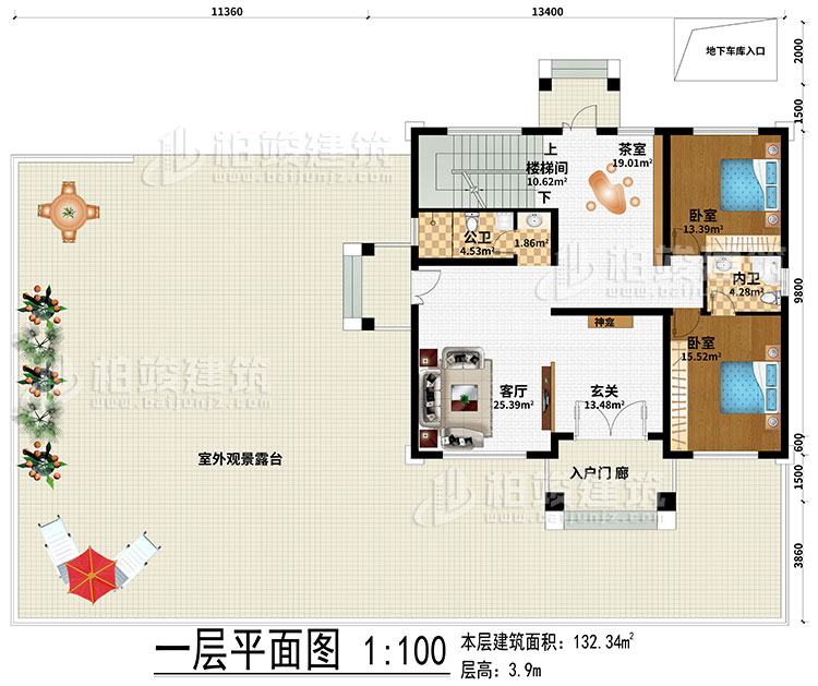 一層：起居室、樓梯間、書(shū)房、3臥室、衣帽間、公衛(wèi)、內(nèi)衛(wèi)、陽(yáng)臺(tái)