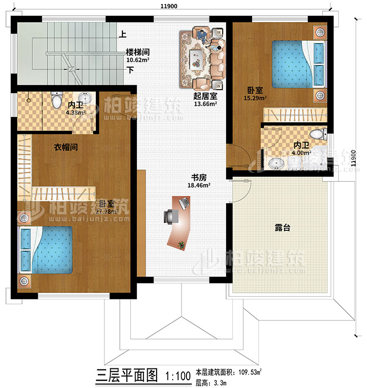 三層：2臥室、起居室、樓梯間、衣帽間、書(shū)房、2內(nèi)衛(wèi)、露臺(tái)