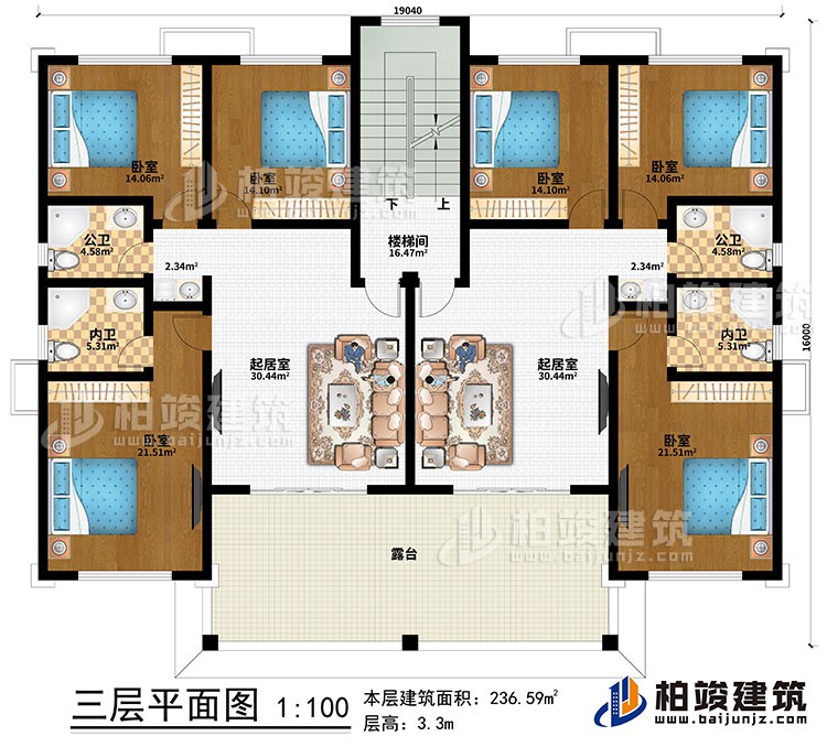 三層：2起居室、樓梯間、6臥室、2公衛、2內衛、露臺