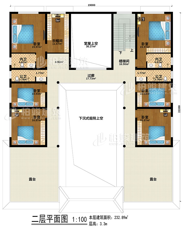二層：下沉式庭院上空、堂屋上空、樓梯間、過廊、6臥室、衣帽間、2公衛、2內衛、露臺