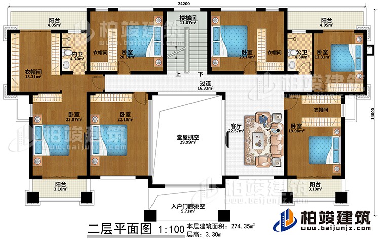 二層：堂屋挑空、入戶門廊挑空、客廳、過道、樓梯間、6臥室、4衣帽間、公衛、內衛、4陽臺