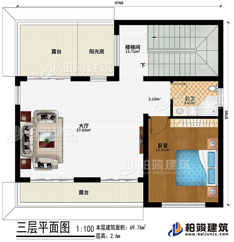 三層：樓梯間、大廳、臥室、公衛(wèi)、陽光房、2露臺