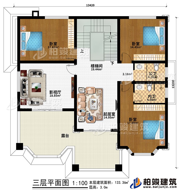 三層：樓梯間、起居室、影視廳、3臥室、公衛(wèi)、內衛(wèi)、露臺