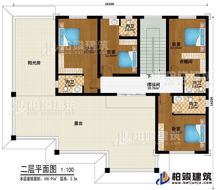 二層：4臥室、衣帽間、樓梯間、4內衛、陽光房、露臺