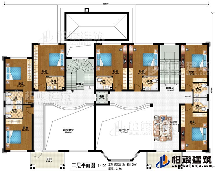 二層：2樓梯間、2客廳挑空、起居室、7臥室、7內衛、電梯、2陽臺
