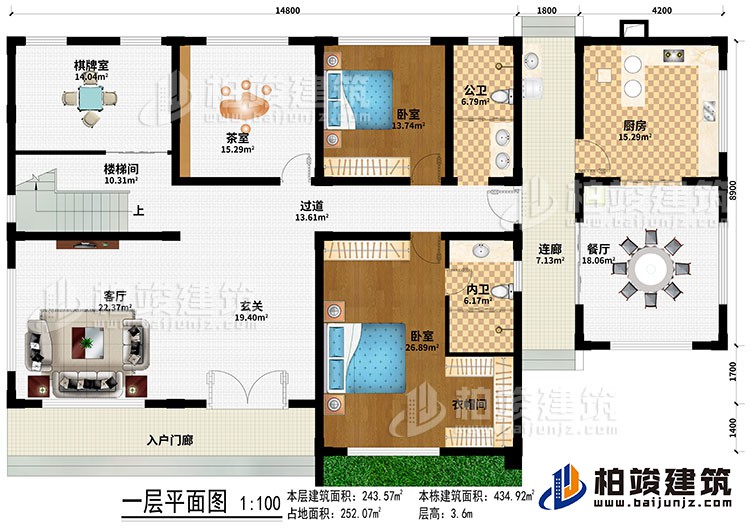 一層：入戶門廊、客廳、玄關、樓梯間、過道、棋牌室、茶室、餐廳、廚房、2臥室、衣帽間、公衛、內衛、連廊
