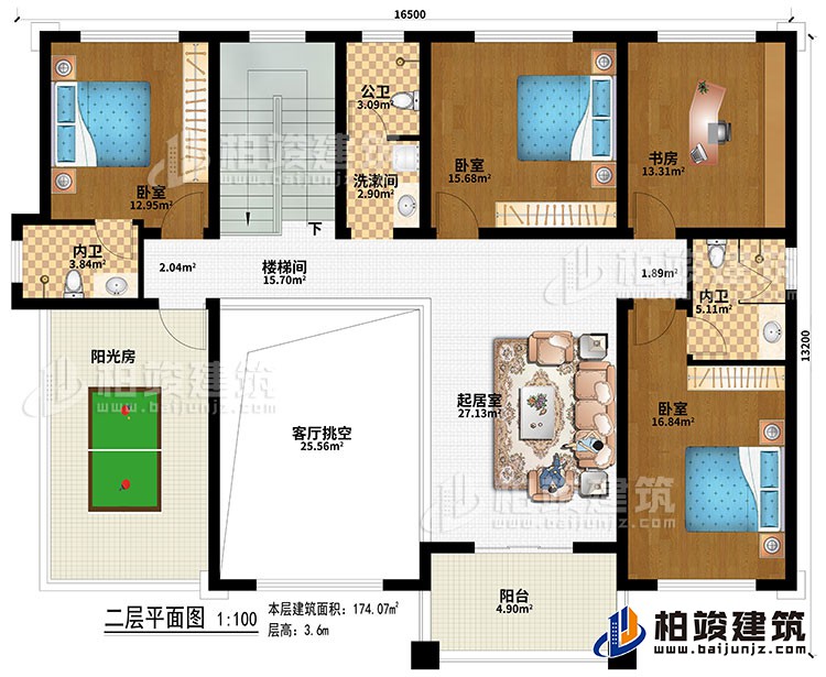 二層：樓梯間、起居室、客廳挑空、3臥室、書房、公衛(wèi)、洗漱間、2內(nèi)衛(wèi)、陽(yáng)光房、陽(yáng)臺(tái)