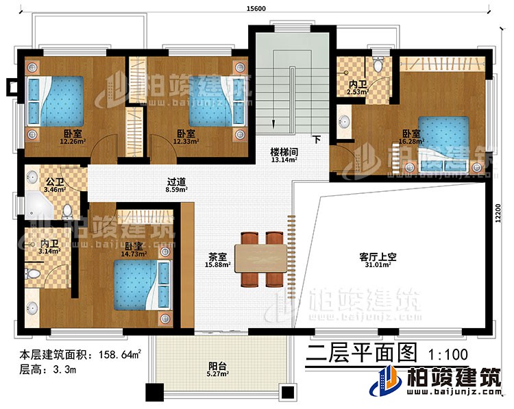 二層：樓梯間、茶室、客廳上空、4臥室、過(guò)道、公衛(wèi)、2內(nèi)衛(wèi)、陽(yáng)臺(tái)